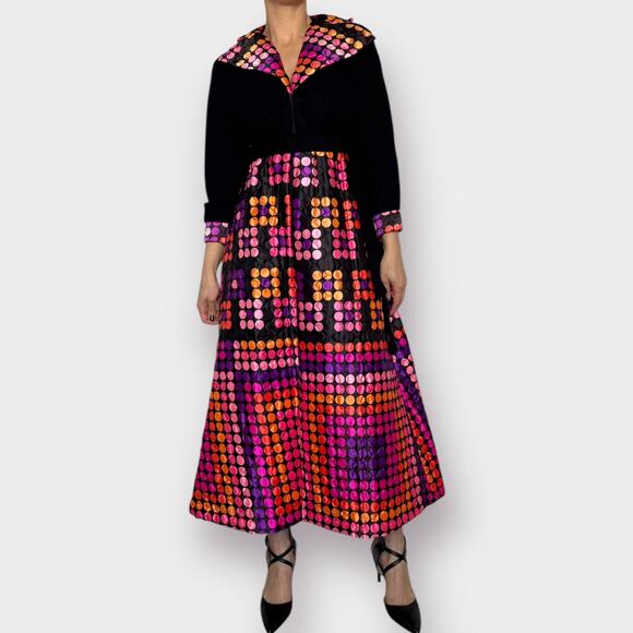 70s Black Pink Orange Polka Dot Dress - Picture 1 of 6